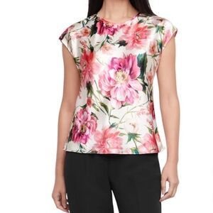 Express Floral Satin Cap-Sleeve Top - Pink/White